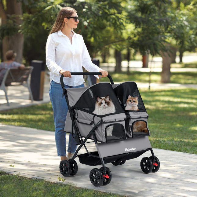 Foldable Double Pet Stroller with Adjustable Sunshade and Storage Basket