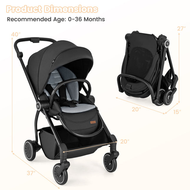 Foldable Infant Pram Stroller with Reversible Seat Reclining Backrest