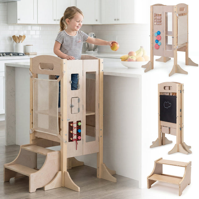 Foldable Toddler Step Stool Wooden Kitchen Standing Tower with 2