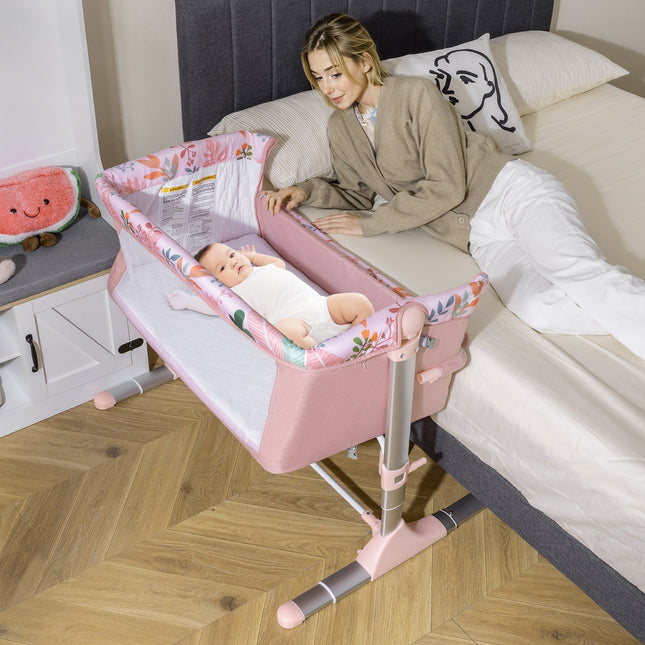 Folding Baby Bassinet Bedside Sleeper with 4 Adjustable Heights-Pink