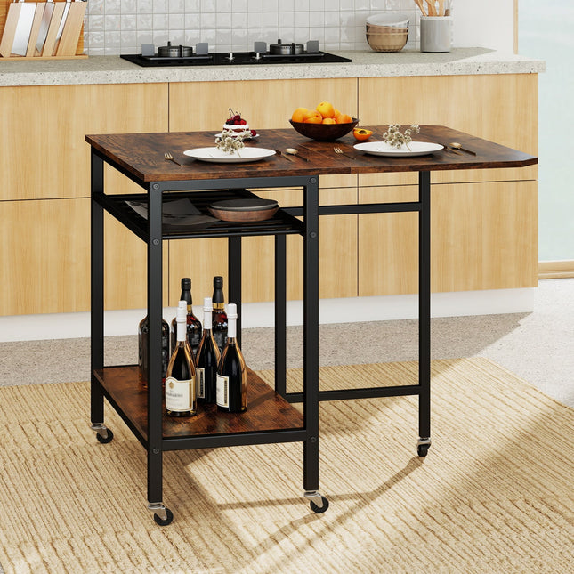 Folding Dining Table with Expandable Laptop with Wine Rack and Wheels-Rustic Brown