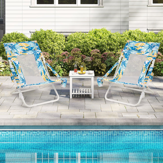 Folding Low Beach Chair Set of 2 Patio Sling Chairs with Padded Head Pillow