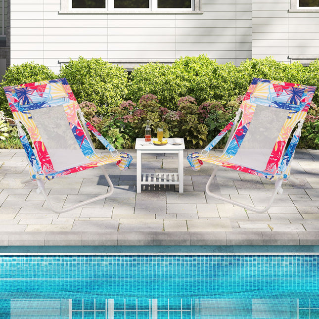 Folding Low Beach Chair Set of 2 Patio Sling Chairs with Padded Head Pillow
