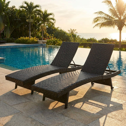Folding Rattan Chaise Lounge Set of 2 with Adjustable Backrest