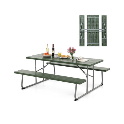 Folding Picnic Table Set with Metal Frame and All-Weather HDPE Tabletop Umbrella Hole