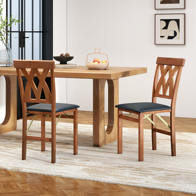 Folding Wooden Dining Chair Set of 2 Faux Leather Upholstered Kitchen Armless Chairs