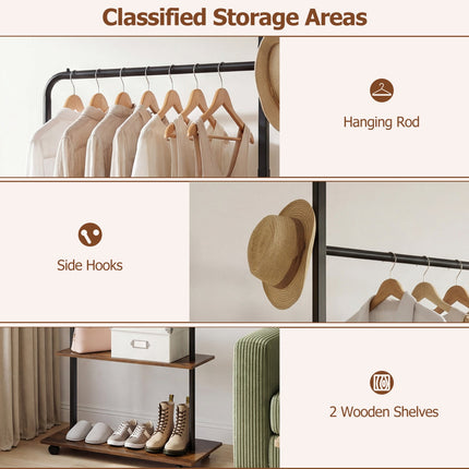 Freestanding Clothing Rack with Wheels and Storage Shelves for Entryway and Bedroom