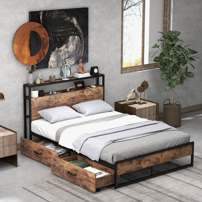 Full/Queen Bed Frame with 2-Tier Storage Headboard and Charging Station