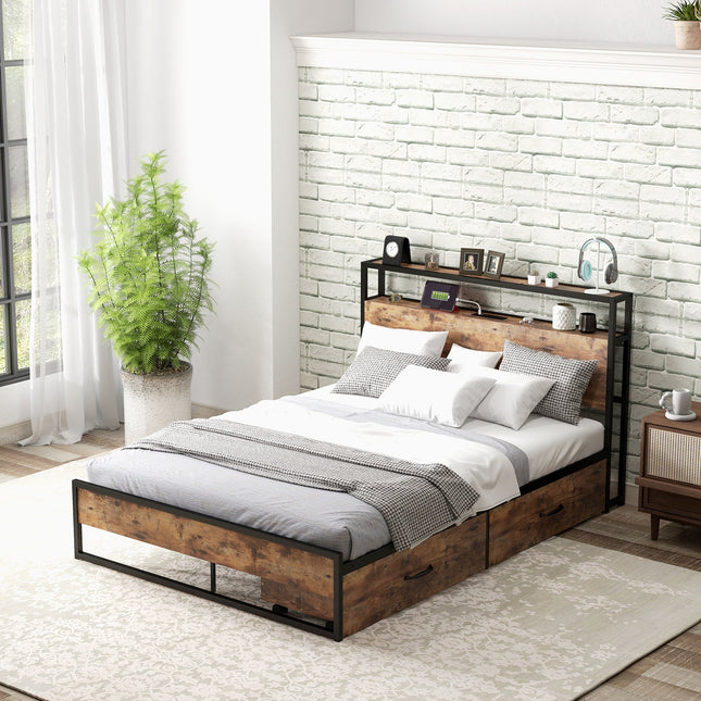 Full/Queen Bed Frame with 2-Tier Storage Headboard and Charging Station