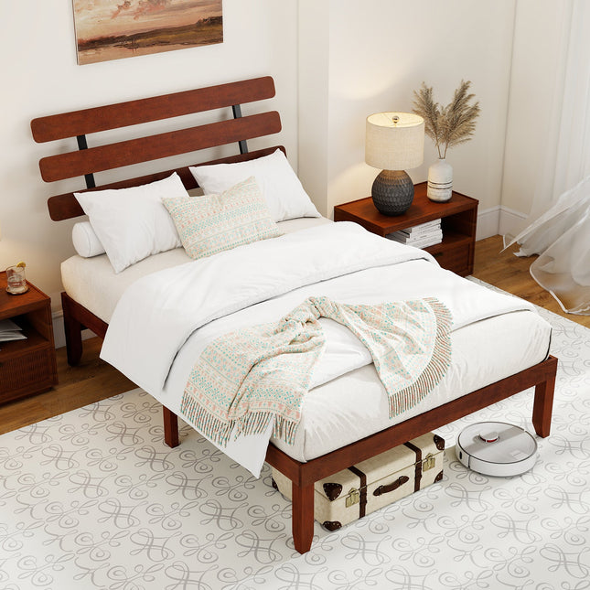 Full Size Bed Frame 15.5 Inch Solid Wood Platform Bed with Retro Headboard