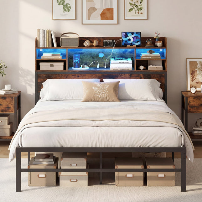 Full Size Bed Frame with Headboard LED Lights and Charging Station