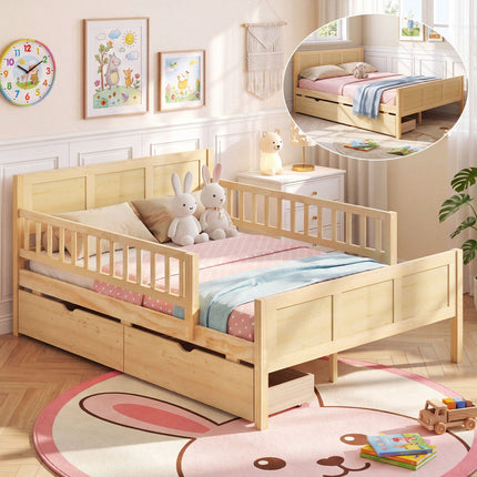 Full Size Bed Frame with Storage Drawers - Natural Pine