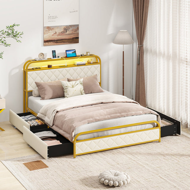 Twin/Full/Queen Size Bed Frame with LED Lights and Charging Station Gold