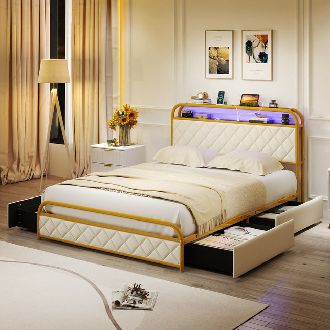 Twin/Full/Queen Size Bed Frame with LED Lights and Charging Station Gold