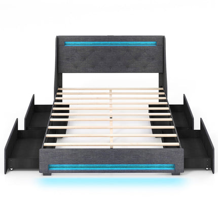 Full Size Bed Frame with LED Lights Wingback Headboard and Charging Station-Grey