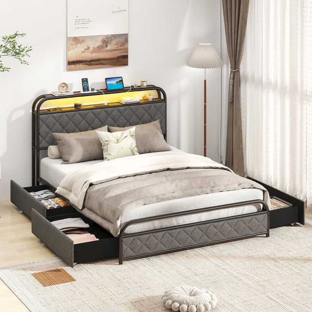 Twin/Full/Queen Size Bed Frame with LED Lights and Charging Station