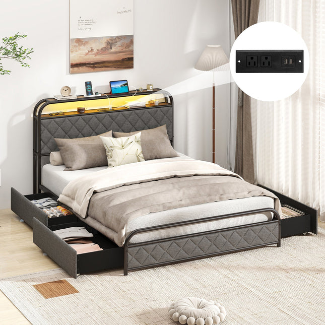 Twin/Full/Queen Size Bed Frame with LED Lights and Charging Station