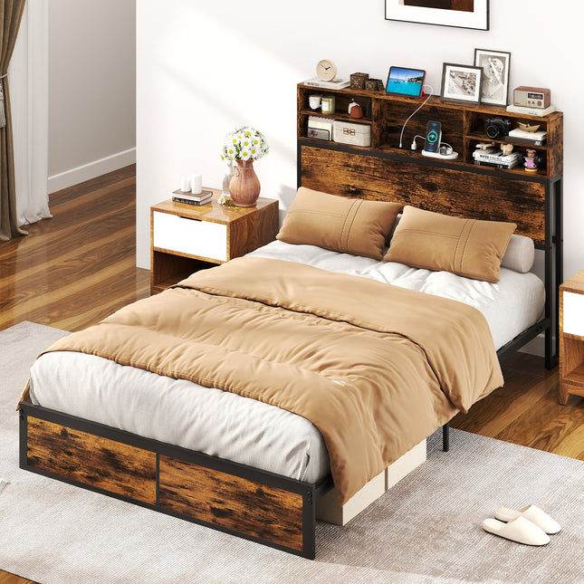 Twin/Full/Queen/King Size Bed Frame with Storage Headboard Industrial Metal Platform Bed
