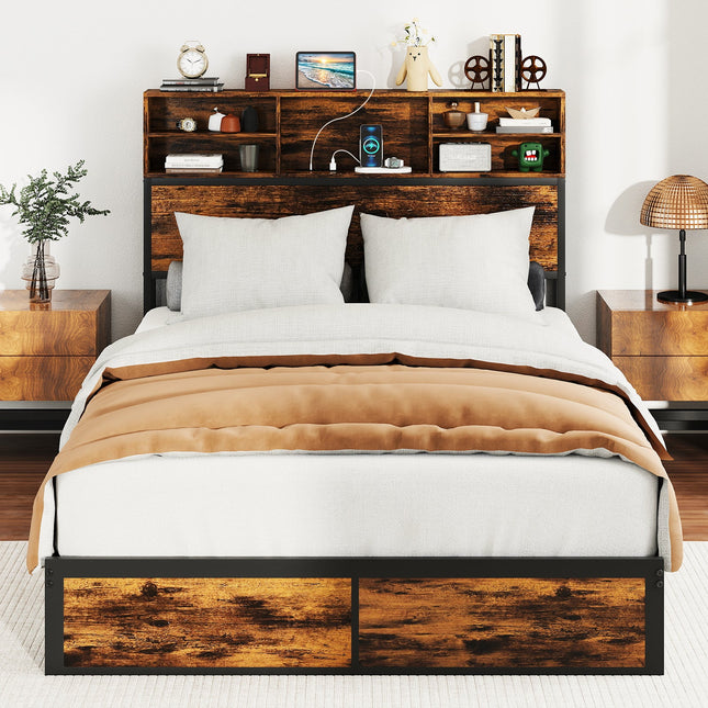 Twin/Full/Queen/King Size Bed Frame with Storage Headboard Industrial Metal Platform Bed