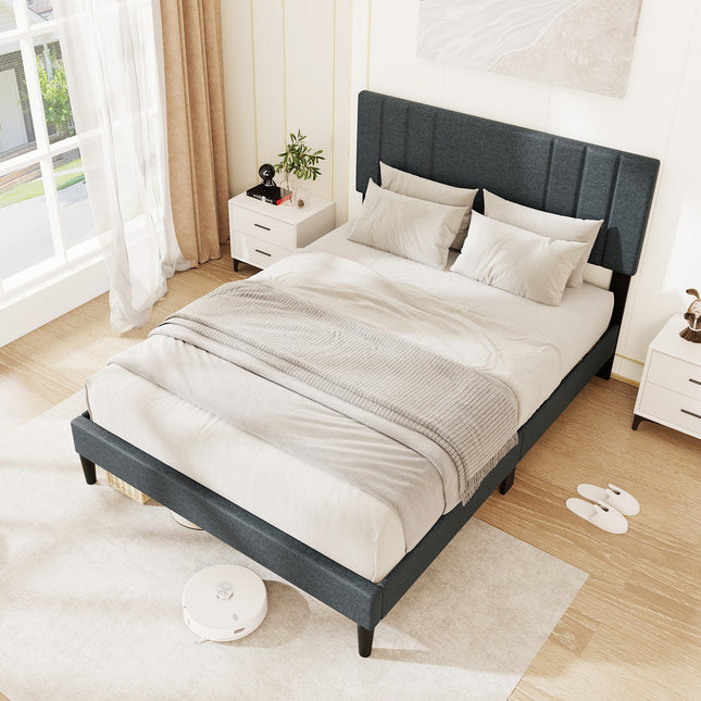 Full/Queen/Twin Size Bed Frame with Vertical Channel Tufted Headboard and Wooden Slats