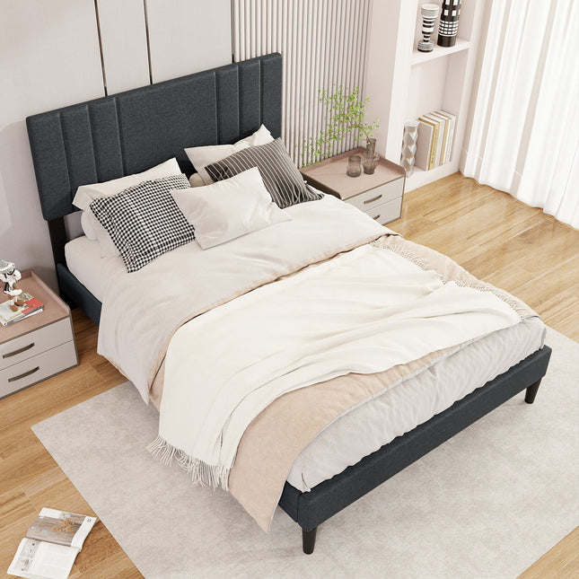 Full/Queen/Twin Size Bed Frame with Vertical Channel Tufted Headboard and Wooden Slats