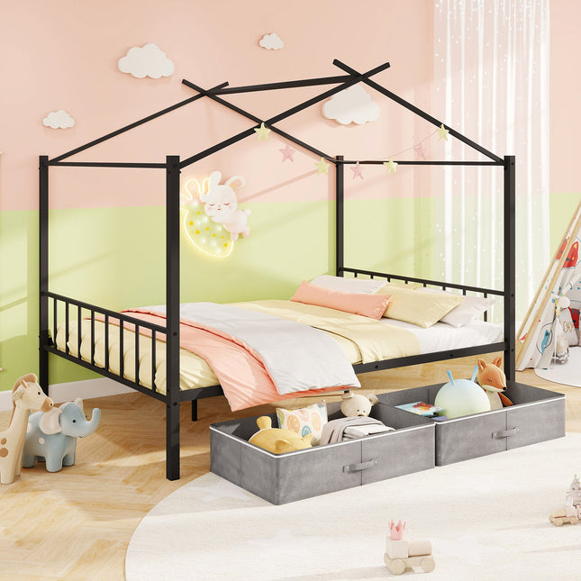 Full Size Metal House Bed with 2 Fabric Drawers for Kids