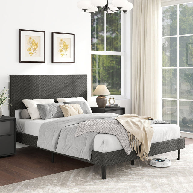 Twin/Full/Queen Size Velvet Bed Frame Upholstered Platform Bed with Chevron Headboard Gray