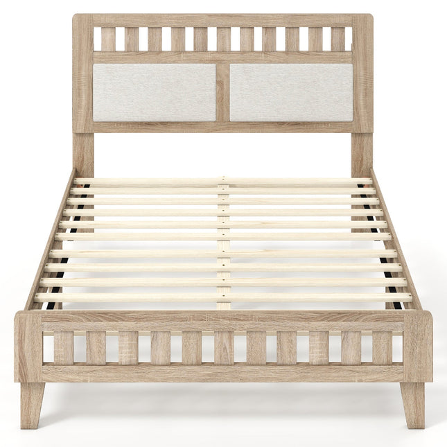 Twin Size Wood Bed Frame with Upholstered Headboard Mid Century Style