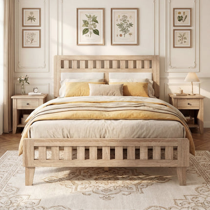 Twin Size Wood Bed Frame with Upholstered Headboard Mid Century Style