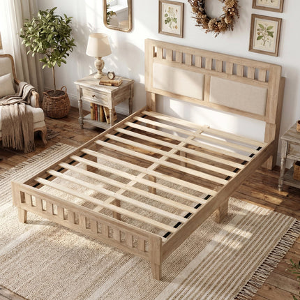 Twin Size Wood Bed Frame with Upholstered Headboard Mid Century Style