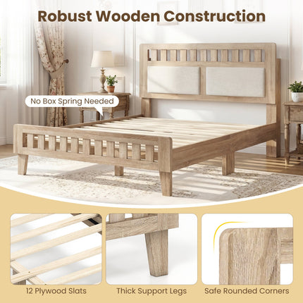 Twin Size Wood Bed Frame with Upholstered Headboard Mid Century Style