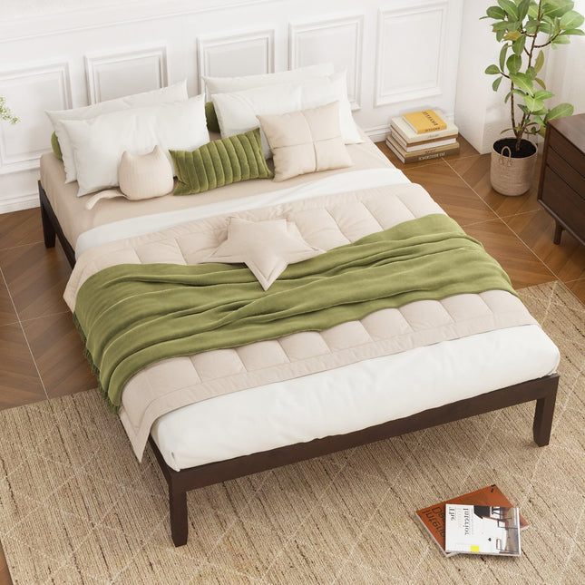 Full Size Wood Bed Frame with Wooden Slats Support and Rubber Wood Legs