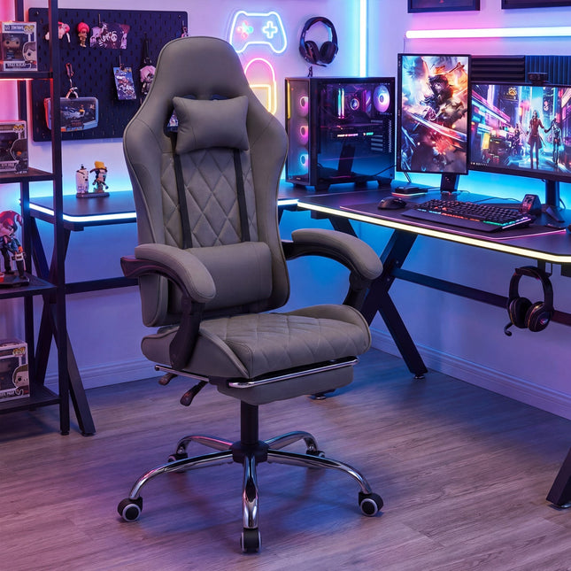 Gaming Chair Height Adjustable Computer Chair with Headrest and Lumbar Support-Gray