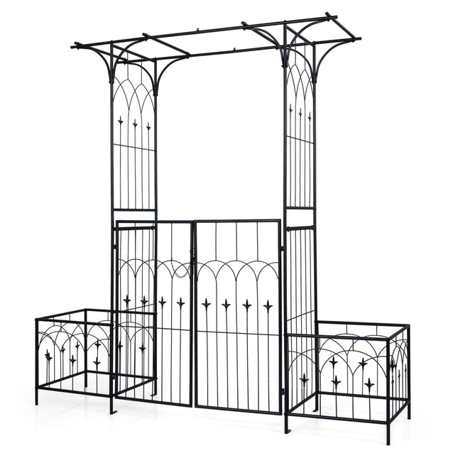 Garden Arbor with Gate and Planter Boxes Heavy Duty Metal Arch with Side Trellis