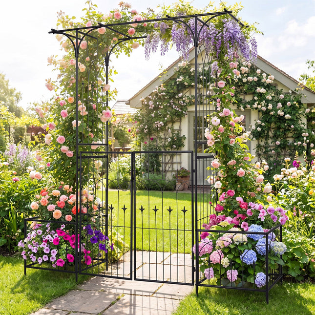 Garden Arbor with Gate and Planter Boxes Heavy Duty Metal Arch with Side Trellis