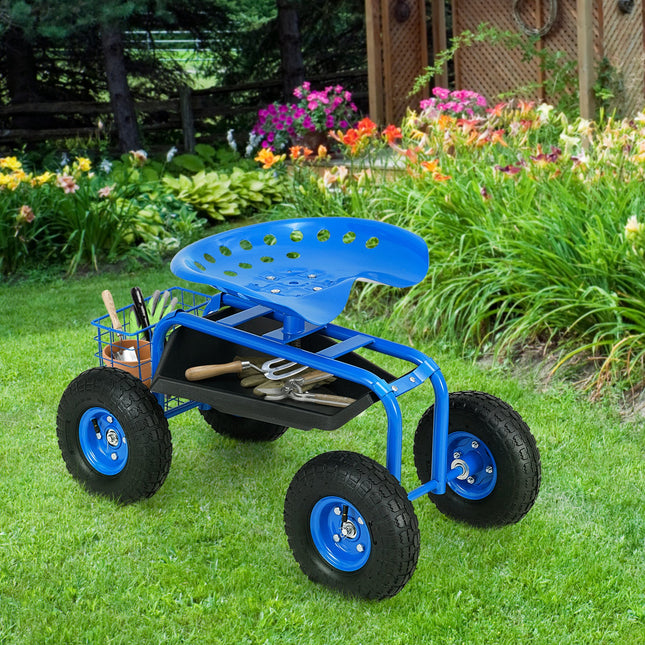 Red/Green Garden Cart Rolling Work Seat With Heavy Duty Tool Tray Gardening Planting