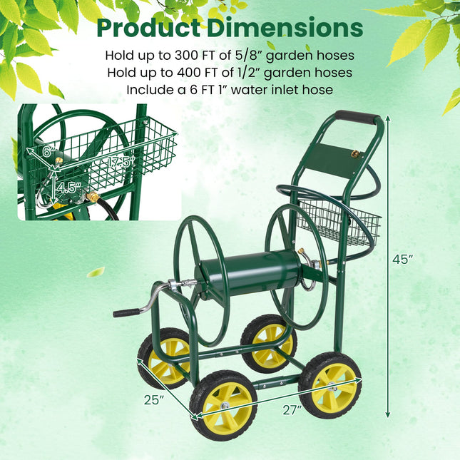 Garden Hose Reel Cart Metal Hose Cart with 4 Wheels and Storage Basket