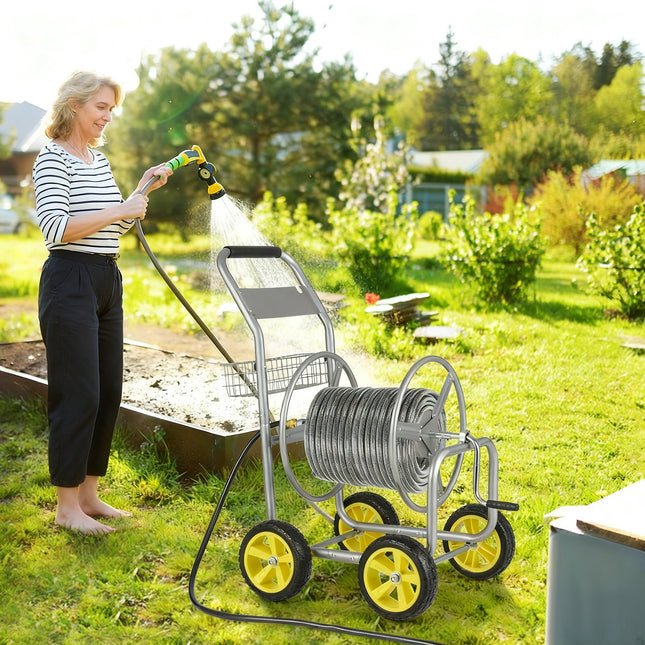 Garden Hose Reel Cart Metal Hose Cart with 4 Wheels and Storage Basket