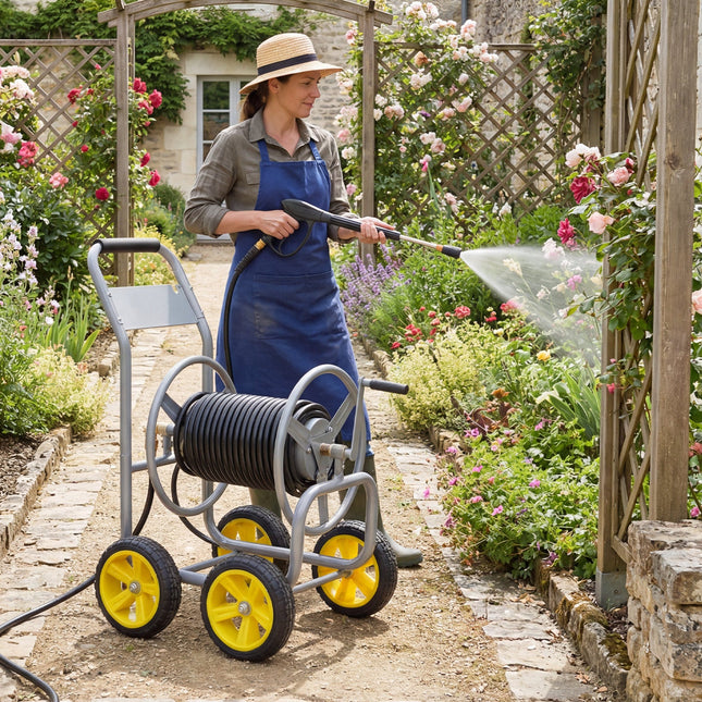 Garden Hose Reel Cart 4 Wheels Heavy-Duty Metal Water Hose Organizer Portable