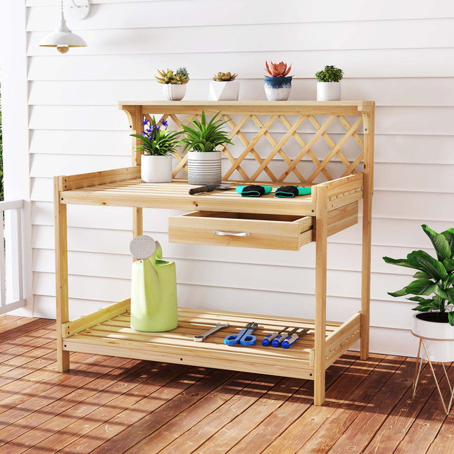 Garden Potting Bench Table Wooden Planting Workstation with Lattice Trellis