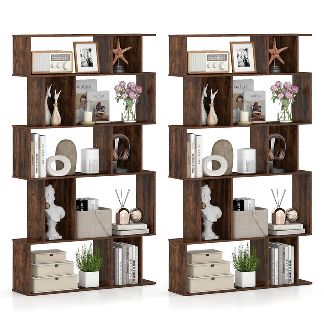 Geometric Bookshelf Set of 2 5-Tier Bookcase with Open Shelves and Closed-back Cubes