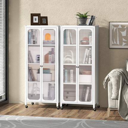 Glass Doors Storage Cabinet with Wheels and Adjustable Shelves-White