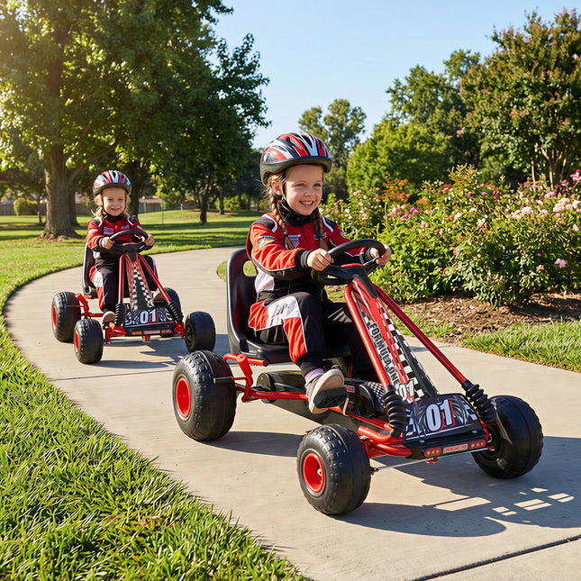 Go Kart for Kids 4 Wheels Pedal with Adjustable Seat and Multi-Terrain Wheels