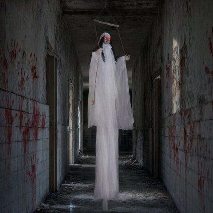 Hanging Ghost Girl Prop with Light-Up Eyes and Sound Effects