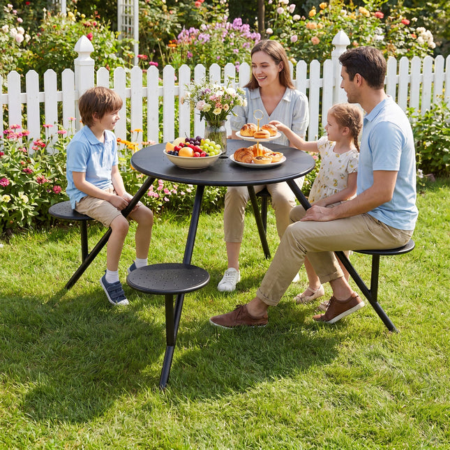 Round Picnic Table for 4 with Umbrella Hole and Iron Seats