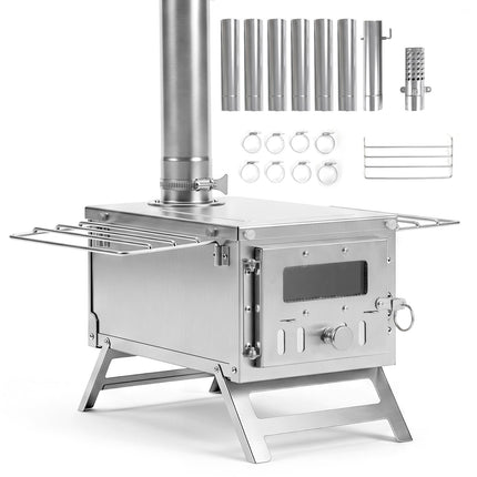 Portable Wood Burning Tent Stove with 7 Chimney Pipes