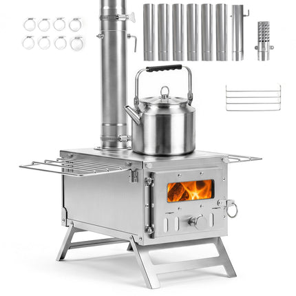 Portable Wood Burning Tent Stove with 7 Chimney Pipes
