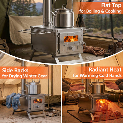 Portable Wood Burning Tent Stove with 7 Chimney Pipes