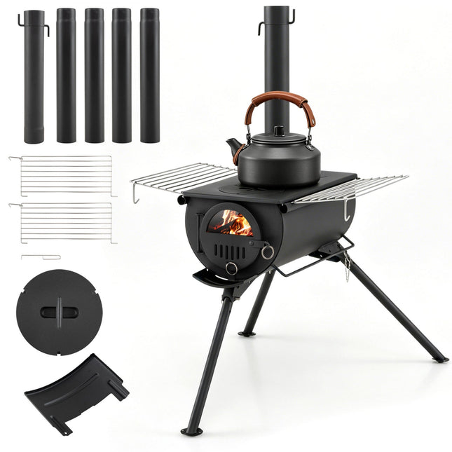 Hot Tent Stove with Chimney Pipes and Foldable Legs for Outdoor Heating