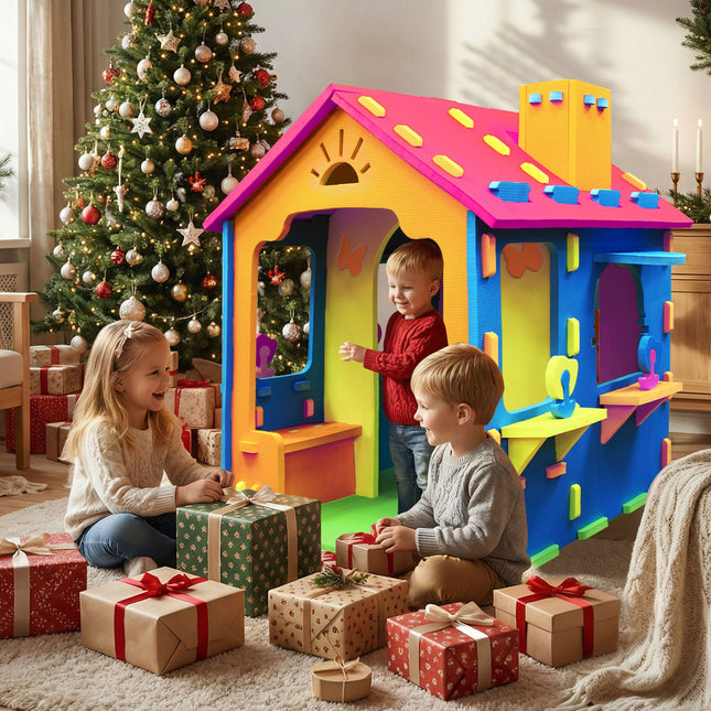 Indoor Cottage Playset with Roof and Chimney for Creative Play